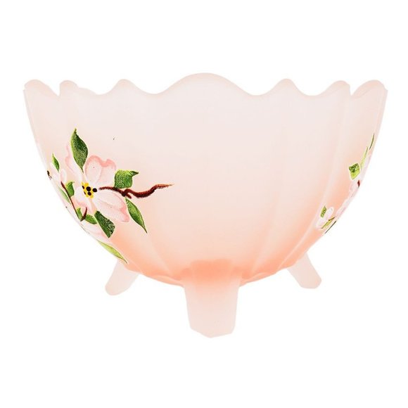 Satin Glass Hand Painted Pink Footed Bowl Scalloped Rim Ribbed Depression VTG - Picture 2 of 6
